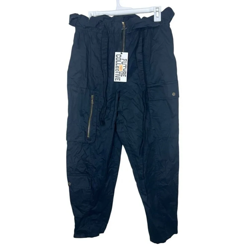 NEW Future Collective Jenny K. Lopez Fold Over Cargo Pants Black 10